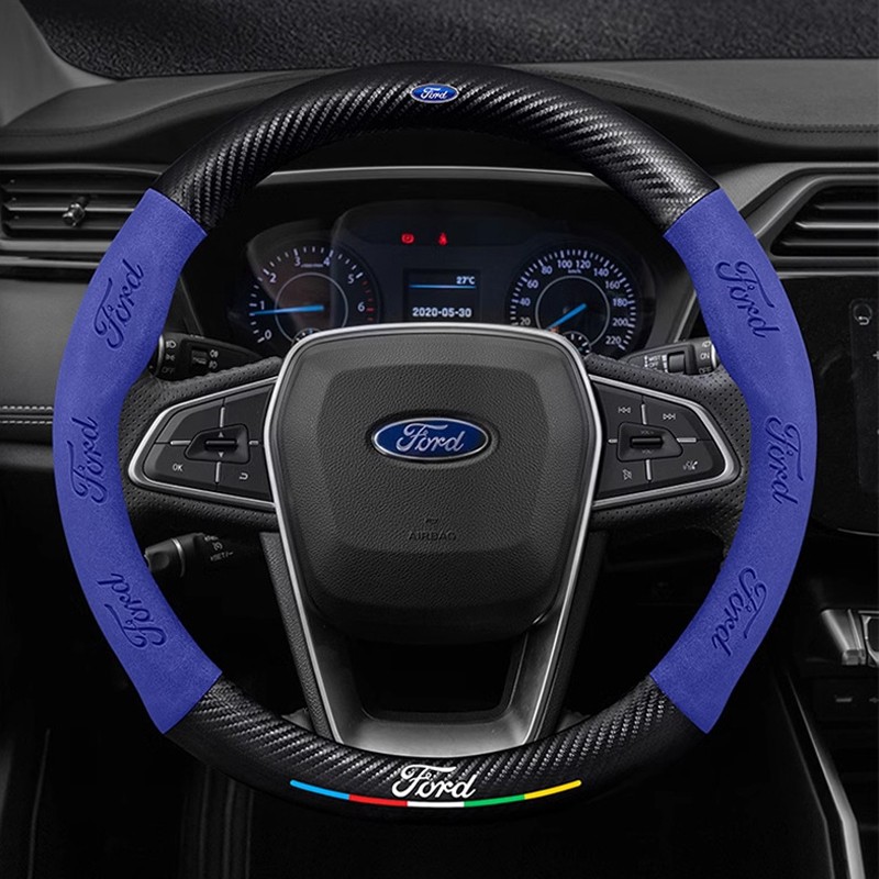 15″/38cm Blue Suede Leather Carbon Fiber Car Steering Wheel Cover for Ford