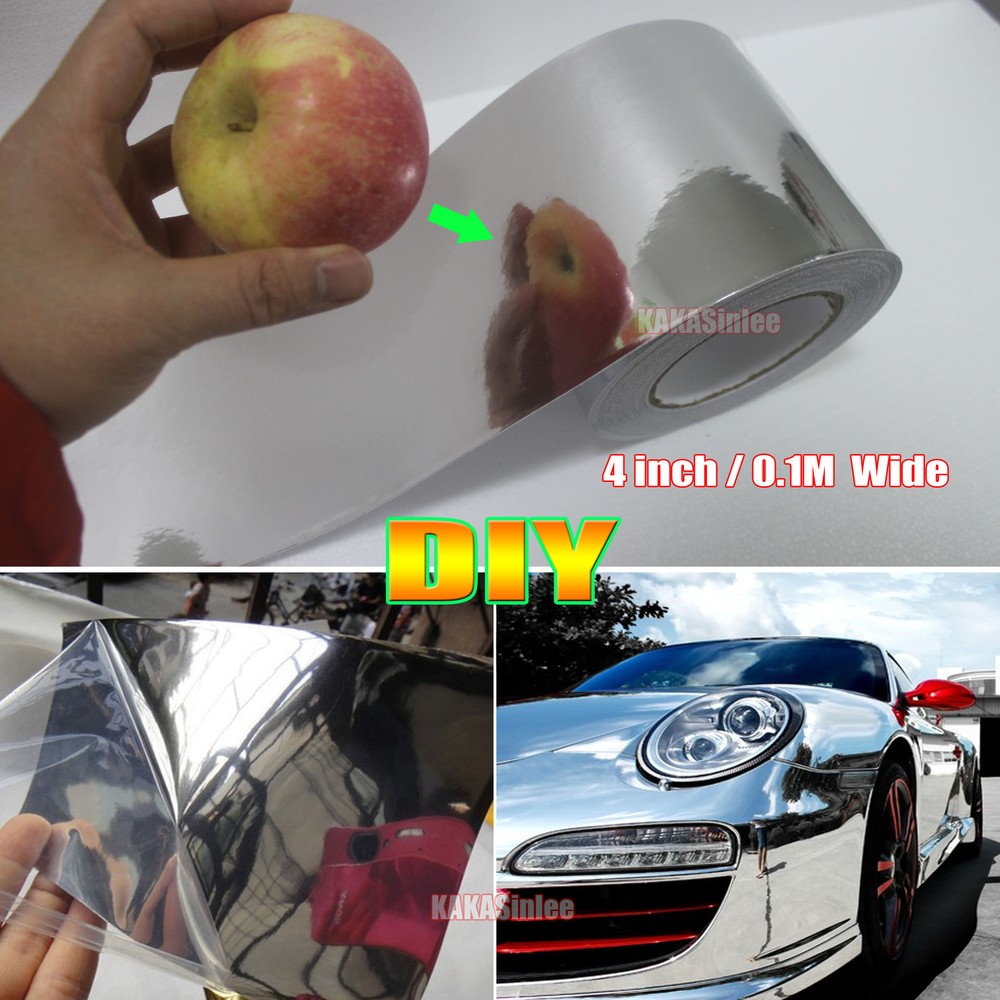 4inch Wide Adhesive Glossy Mirror Chrome Vinyl Wrap Car Sticker Strip Silver AB