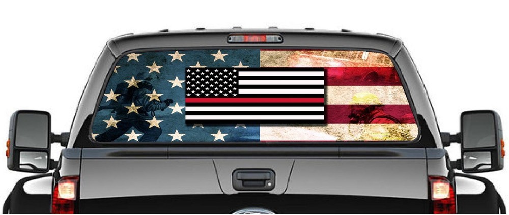 FIREFIGHTER TRIBUTE PICK-UP TRUCK BACK WINDOW GRAPHIC DECAL PERFORATED VINYL