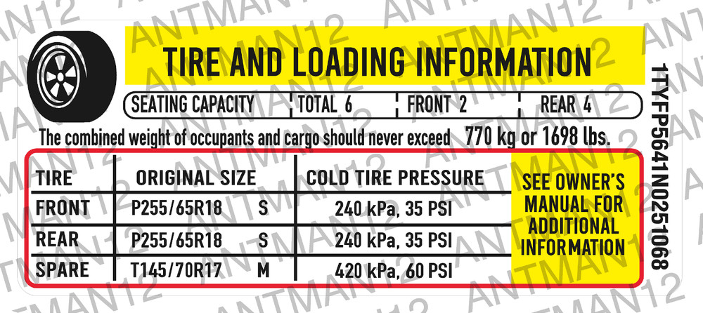 GM CHEVROLET FORD CHRYSLER TIRE LOADING INFORMATION VIN# Number DECAL Label 3M