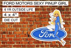 Vintage FORD MOTORS PINUP GIRL Laminated Vinyl Decal 