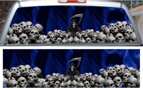 Blue flame grim reaper skulls rear window view thru graphic decal wrap