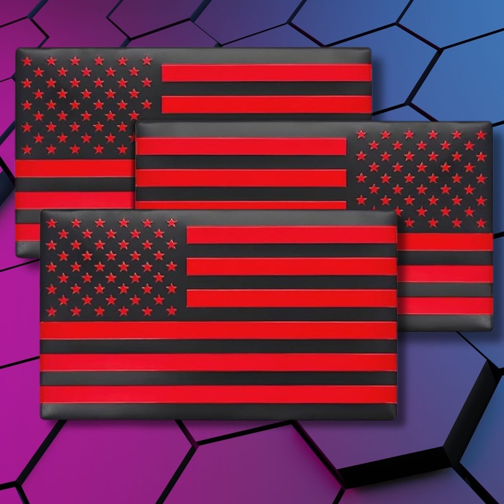 Embossed 3D Metal All Black and Red American Flag Emblem Decal Stickers Set of 3