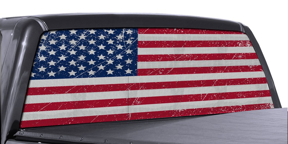 FGD Truck Rear Window Distressed American Flag Perforated Vinyl Wrap Universal