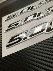 (3) Gel-coated 5.0L COYOTE V8 badge emblems Ford F-150 black/silver/red 9.5in