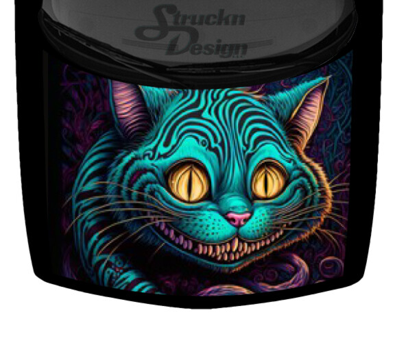 Loaming Teal Grinning Cat Menacing Hood Wrap Vinyl Graphic Decal 58″ x 65″