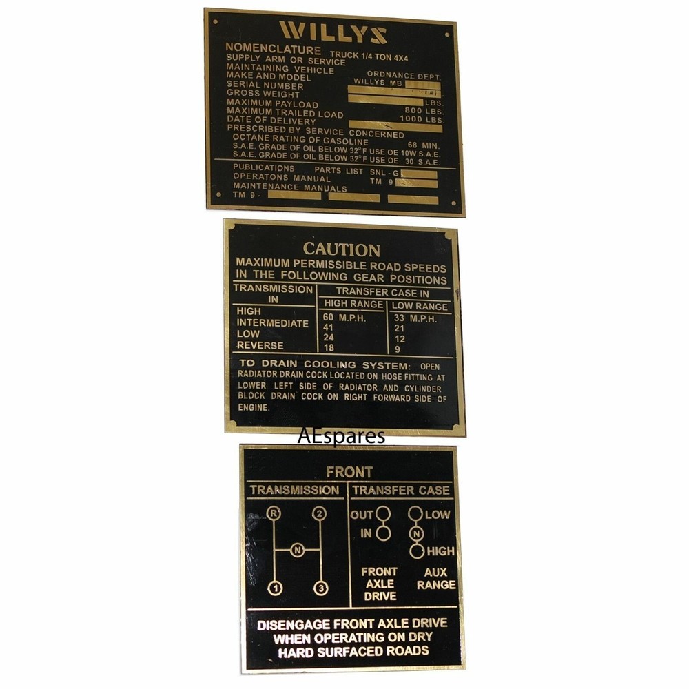 Brass Black Dash Data Plate 3 Unit For Jeeps Willys Ford CJ2A CJ3A CJ3