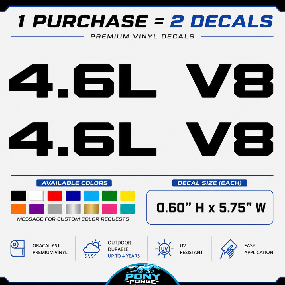 “4.6L V8” Hood Scoop Vinyl Decals 96-10 Mustang GT V8 SN95 S197 F150 2V 3V 4V