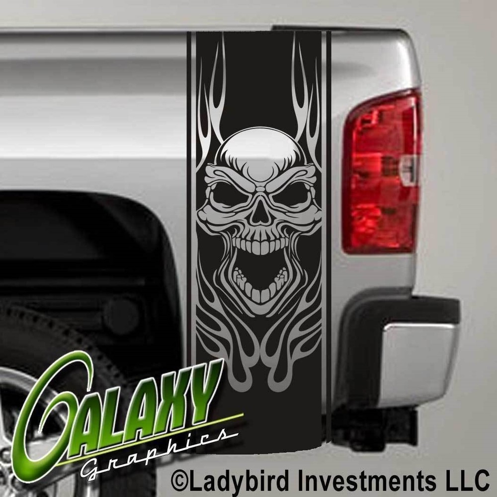 Skull & Flames Truck Bed Decals Stripes (Pair)- Fits Ram Chevy Ford F150 Toyota