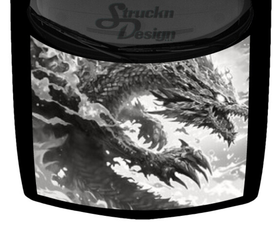 Grayscale White Vibrant Dragon Action Hood Wrap Vinyl Graphic Decal 58″ x 65″