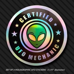 Alien sticker UFO mechanic hard hat funny humor garage vehicle HOLOGRAPHIC x3