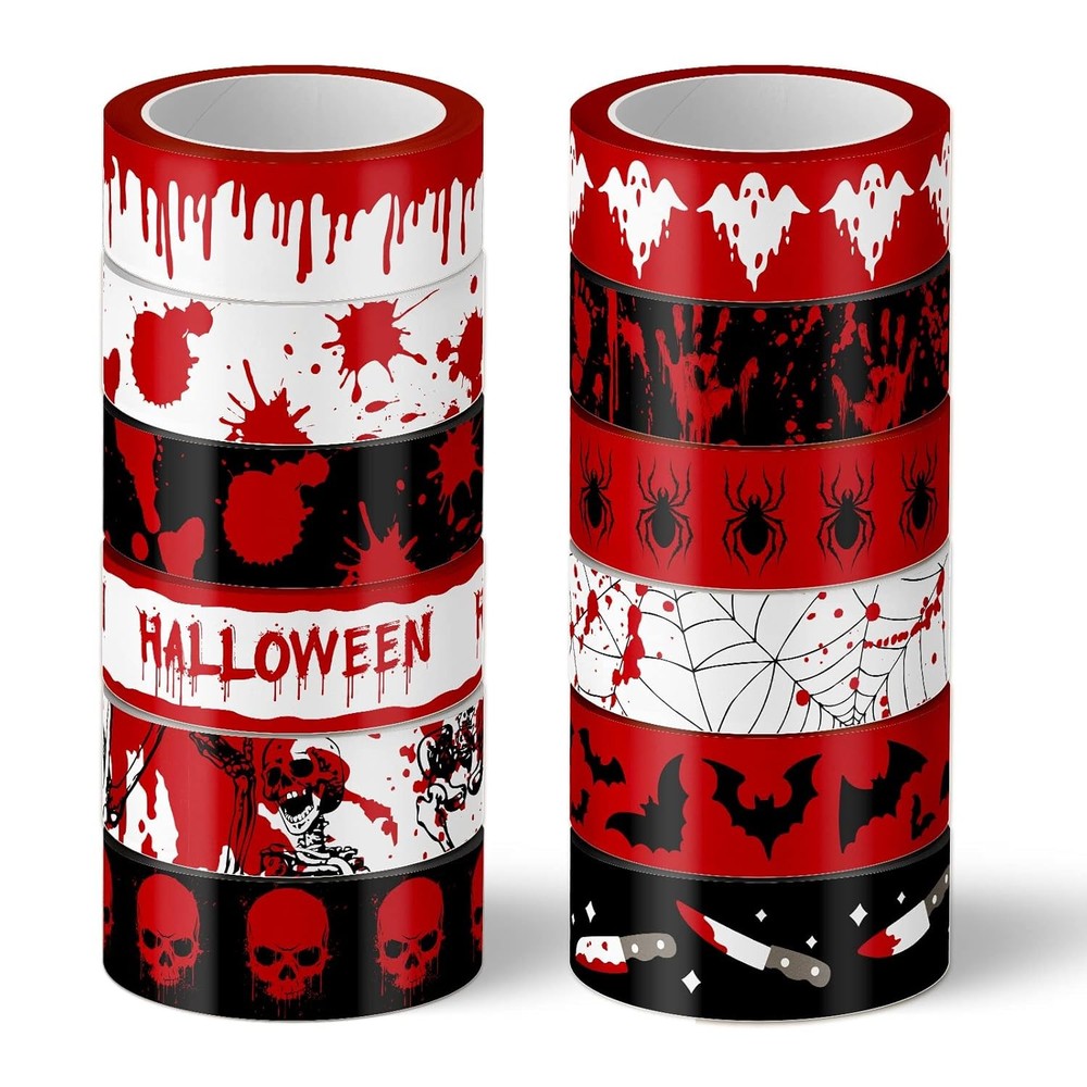 Whaline 12 Rolls Halloween Bloody Washi Tapes Blood Spatter red, black, white