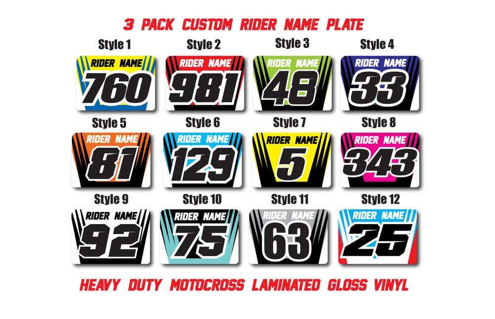 3x CustomNumber Plate Decal Stickers Name Motocross Race Heavy Duty Laminated