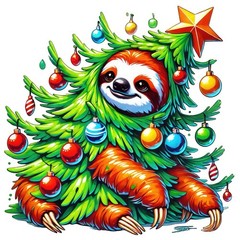 Holiday Sticker (3 Inch) Cute Sloth Dressed Like A Christmas Tree Star Bulbs !