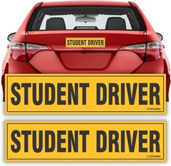 Reflective Student Driver Sign – 12″x3″ Magnetic Safety Bumper Sticker 2-Pack