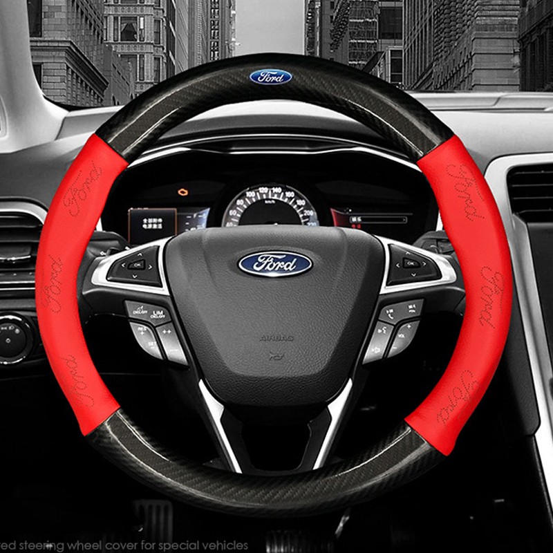 38cm/15″ Red Genuine Leather Car Steering Wheel Cover Carbon Fiber for Ford