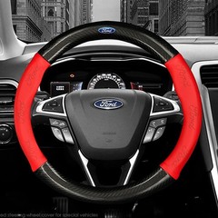 38cm/15″ Red Genuine Leather Car Steering Wheel Cover Carbon Fiber for Ford