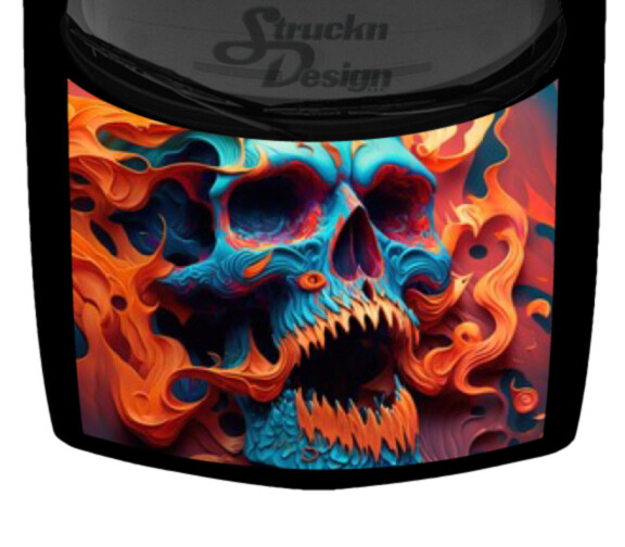 Colorful Sugar Skull Flame Orange Cyan Truck Hood Wrap Vinyl Car Graphic Decal