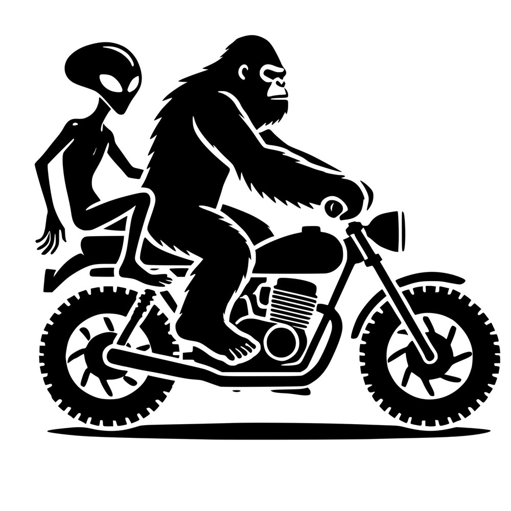 Mythical Funny Sticker (3 Inch) Bigfoot And Alien Silhouette Riding Motorcycle !