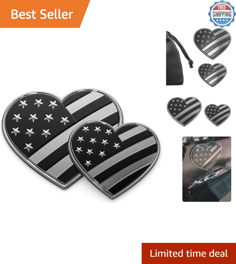 Stylish Black Chrome Heart Flag Emblem Decals – 2 Pack for Proud Car Owners