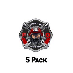 First In Last Out -Sticke r Decals Firefighter Maltese Cross 3″ Black/Red
