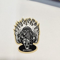 Bomonster Sticker. Hotrod Motor With Flames In The Background Approx. 3″ X 2.25″