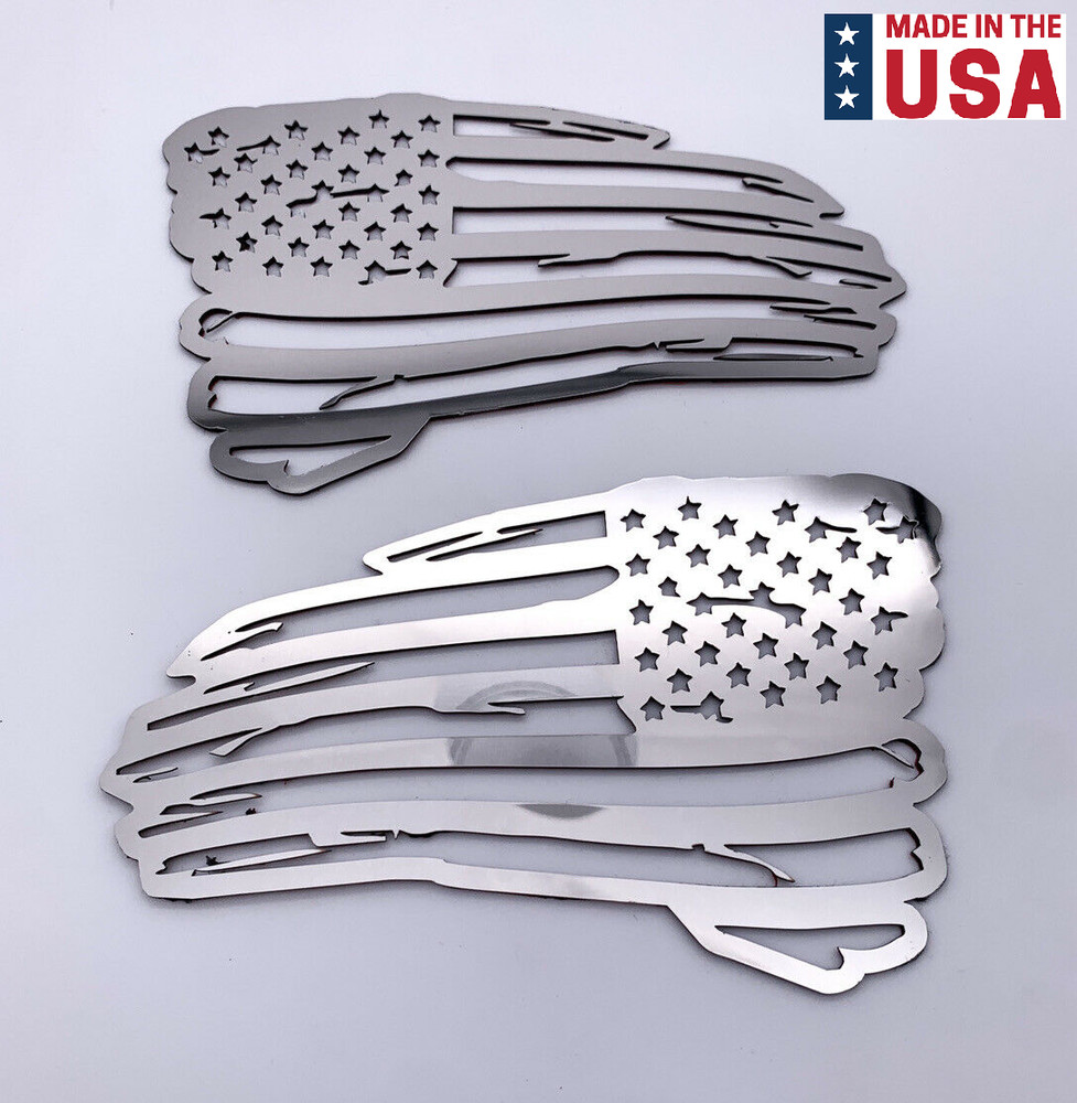 Pair Distressed American Flag Decals Emblems – Polished Stainless (6″ x 3.5″)