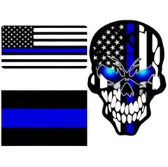 3 Pack 8” INCH Reflective LED Blue Eyes Black American Flag Skull Sticker Decal