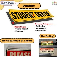 Large Reflective Student Driver Signs – Easy to Remove 12″x3″ Magnets (4 Pack)