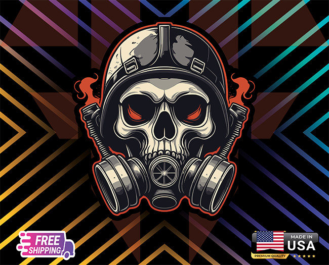 SKULL W GAS MASK ON FIRE RED, DECAL, 6YR LAMINATED VINYL, LAPTOP CAR (FREE GIFT)
