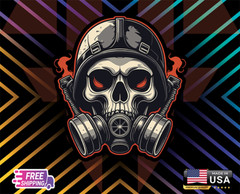 SKULL W GAS MASK ON FIRE RED, DECAL, 6YR LAMINATED VINYL, LAPTOP CAR (FREE GIFT)