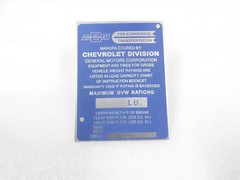 DATA PLATE FOR VINTAGE CHEVY PICKUP TRUCK 1947-50