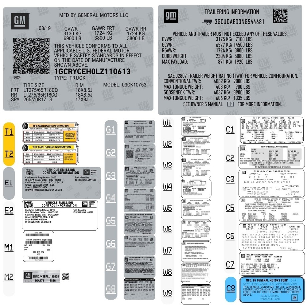 GMC CHEVY GM CADILLAC DOOR VIN STICKERS – CATALOG tag hood tire trailer info