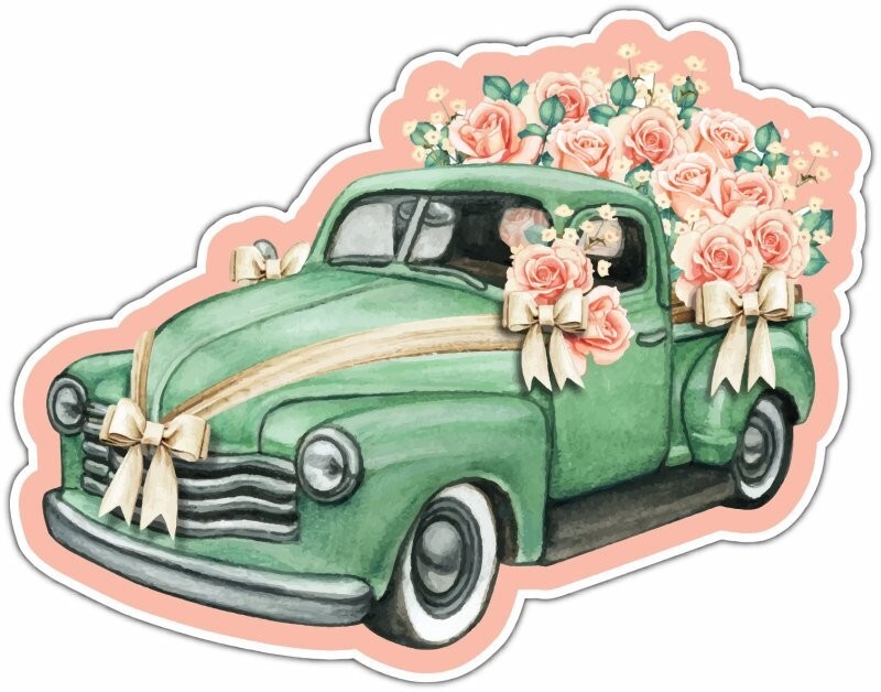 Wedding Pickup With Roses Jute Bows Car Bumper Window Sticker Decal 5″X4″