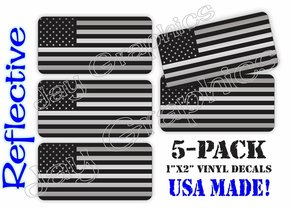 5x Mini REFLECTIVE American Flags Hard Hat Stickers / Black Ops Helmet Decals