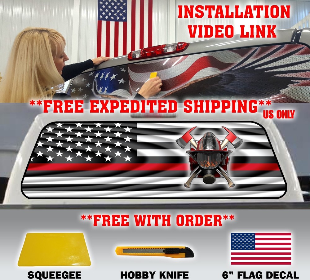 FIREFIGHTER THIN RED LINE FIRE RESCUE AMERICAN FLAG PICKUP REAR WINDOW DECAL