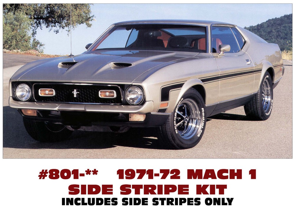 GE-801 1971-73 FORD MUSTANG – MACH 1 or BOSS – HOCKEY SIDE STRIPE KIT – 3 COLORS