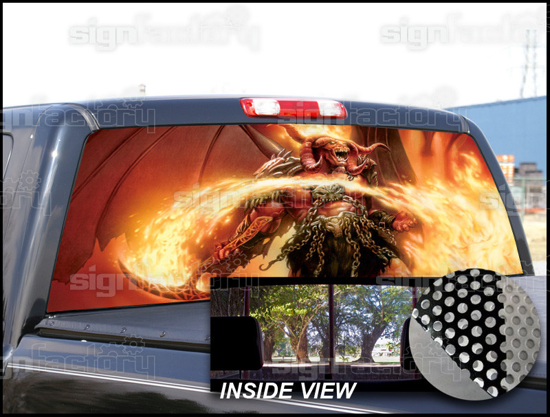 P142 Demon Devil Flames Rear Window Tint Graphic Decal Wrap Back Pickup Graphics