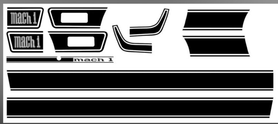 1973 MUSTANG MACH 1 SIDE AND TRUNK STRIPE KIT – FORD LICENSED- Flat Matte Black
