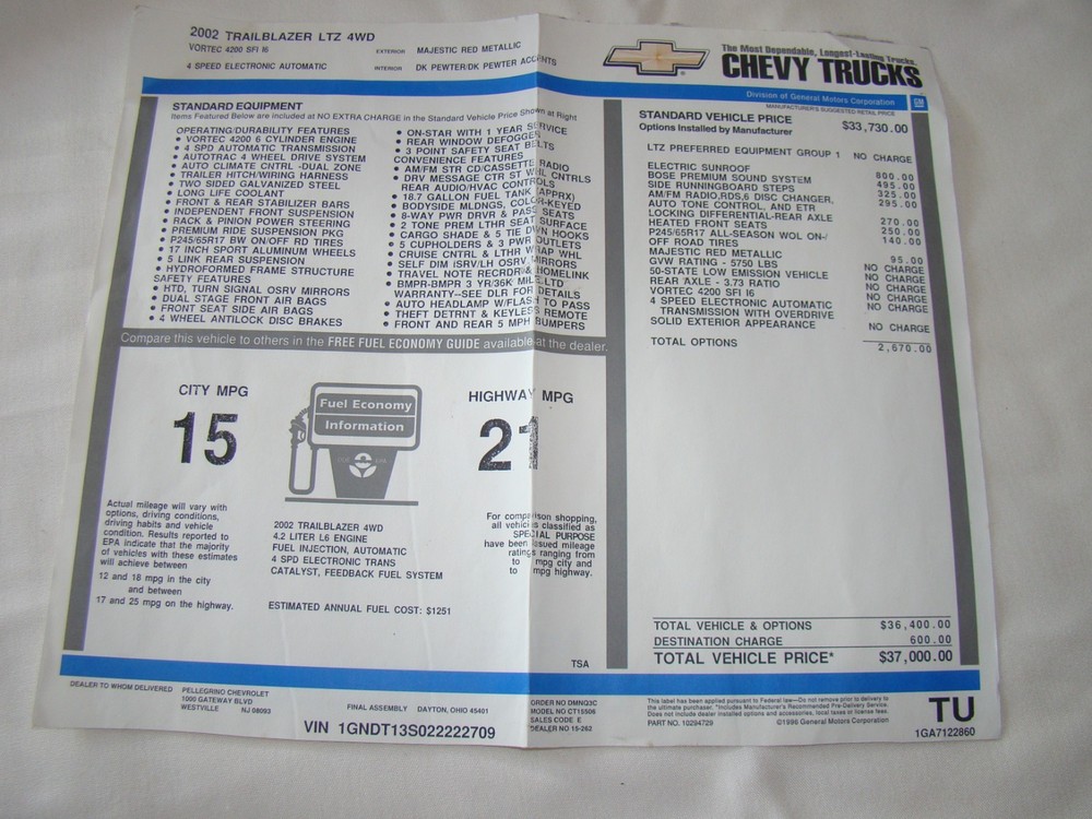 2002 Chevrolet Trailblazer LTZ 4 WD Original Factory Window Sticker