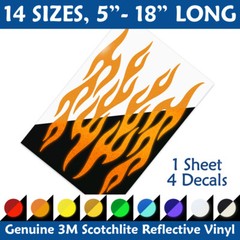 Set of 4 Reflective Flames Vinyl Decals, Retro Hotrod Fire Transfers / #1334R-SZ