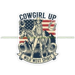 Cowgirl Vinyl Decal Sticker Rodeo Patriotic Country Horse Q