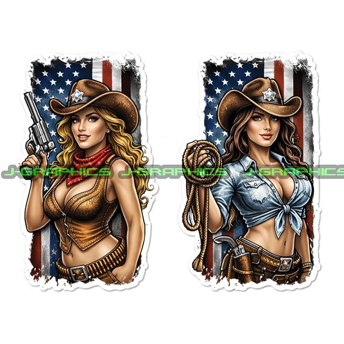 Cowgirl American Flag Patriotic Western Vinyl Decal Sticker 2 Pack H