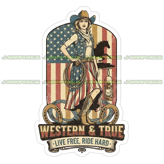 Cowgirl Vinyl Decal Sticker Rodeo Patriotic Country Horse P