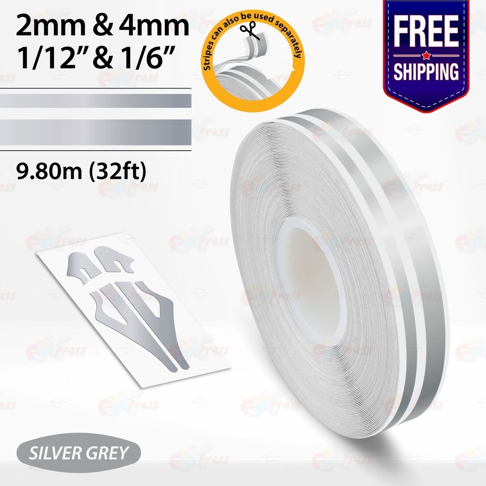 SILVER GREY 1/12″ & 1/6″ Roll Vinyl Pinstriping Stripe Double Line Tape Sticker