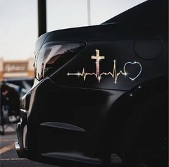 GLITTER Cross Heart Pulse 7” Vinyl Sticker Decal Christian Religious God Jesus