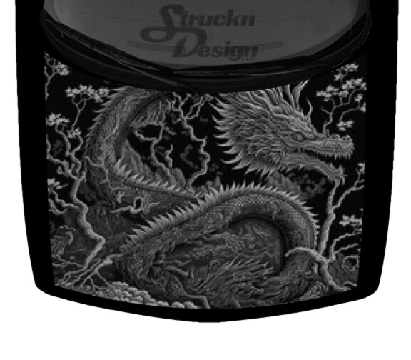 Swirling Scaly Intricate Gray Dragon Hood Wrap Vinyl Graphic Decal 58″ x 65″