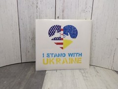 30 count – I Stand With Ukraine Vinyl Sticker US and Ukraine Flag, 5″x4.5″