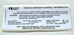 1971 AMC 360 V8 ENGINE EMISSIONS DECAL AUTO
