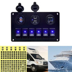 1/2Set 6 Gang Rocker Switch Blue Panel LED Circuit Breaker Waterproof Car Marine